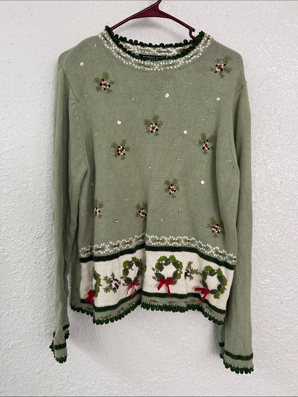 Vintage Reference Point New York Christmas Sweater 3D Wreath Sequin Holiday Knit
